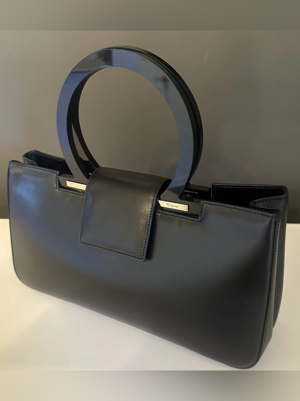 Ferragamo Black Leather Gancio Satchel Top Handle Round Hard Acetate Evening Vtg